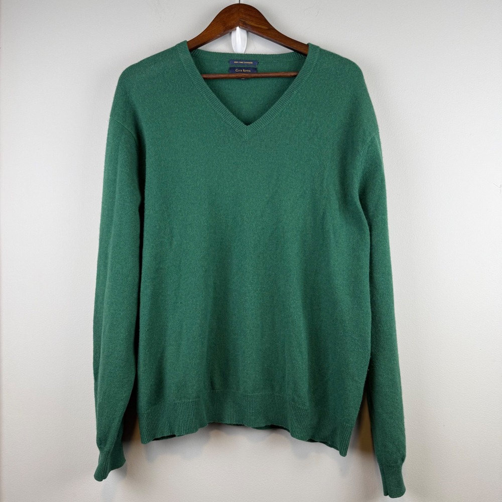 Club Room 100% Cashmere V Neck Sweater Men XL Green Quiet Luxury Academia Preppy